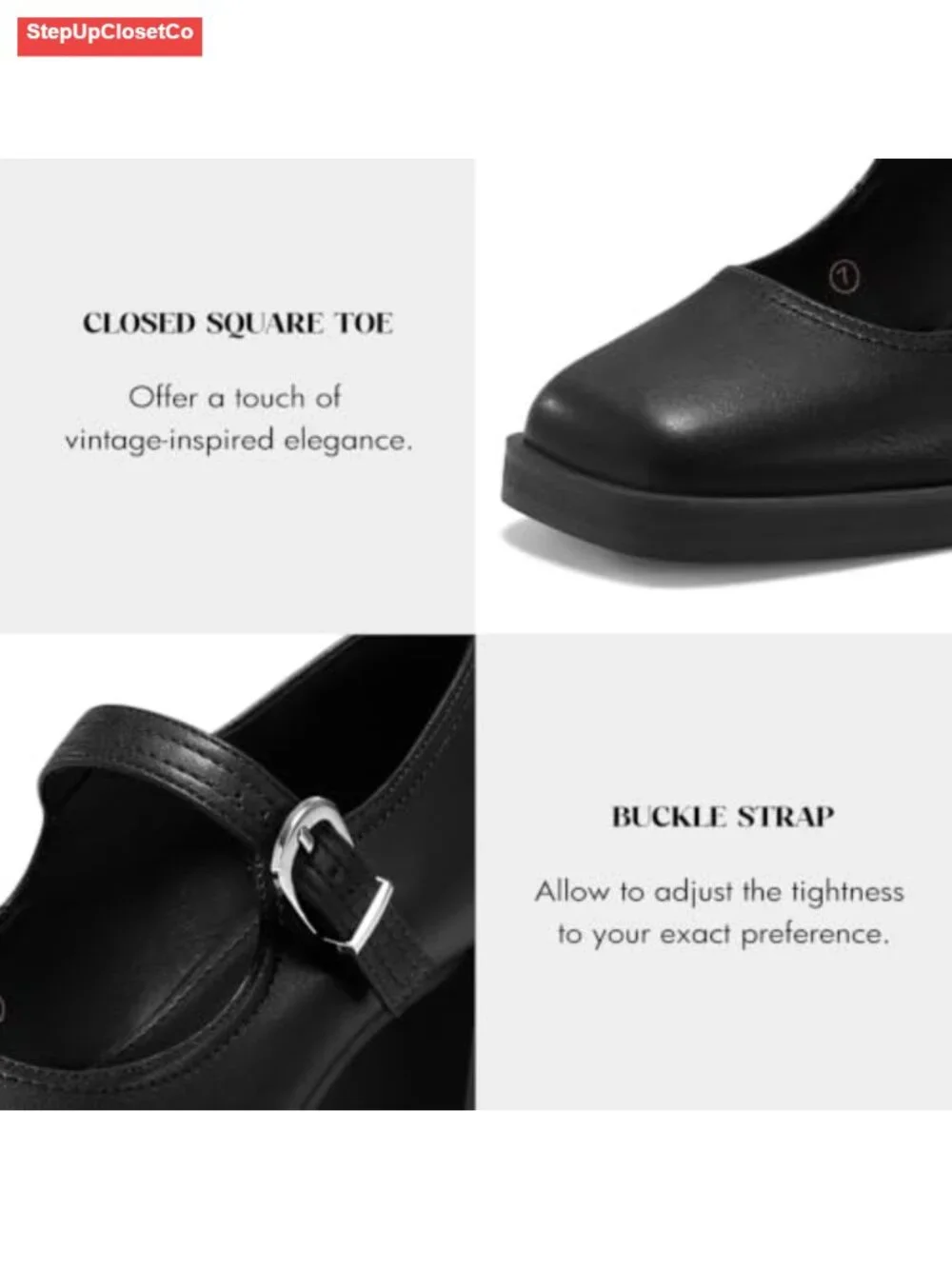 Women's Chunky Heel Mary Jane Pumps Square Toe Buckle Dress Shoes Faux Leather